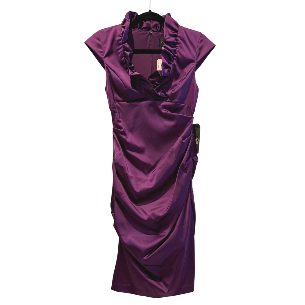 XSCAPE Petite Plum Purple‎ Ruffled Cocktail Party Dress Size 4P NWT